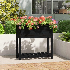 Jardinera con estante madera maciza pino negro 82.5x34.5x81 cm D