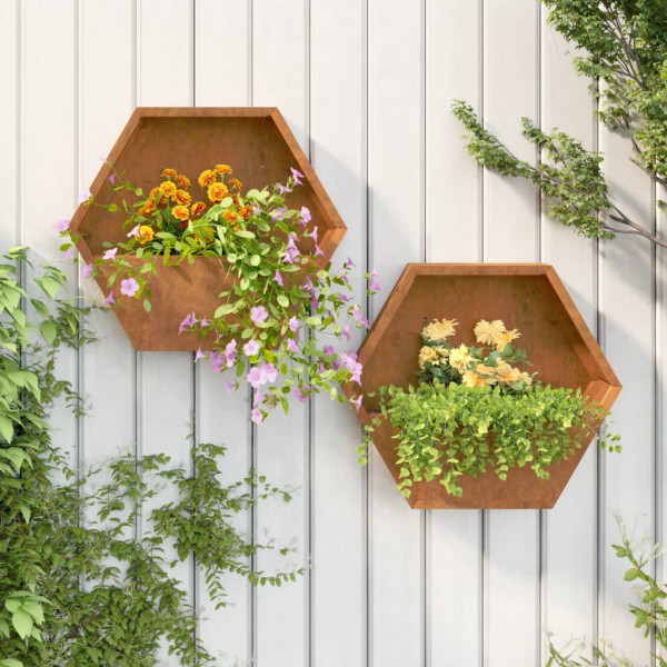 Floreiras de parede 2 peças em aço corten enferrujado 46x10x40 cm D