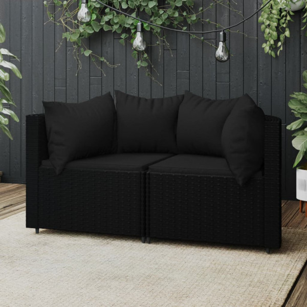 Sofas de canto jardim com almofadas 2 uvas ratão sintético preto D