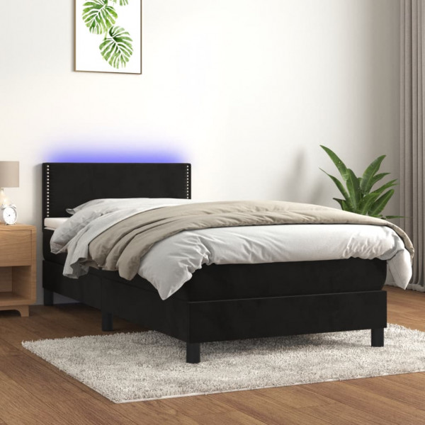 Cama box spring com colchão e veludo preto LED 100x200 cm D