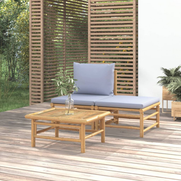 Set de mobiliário de jardim 3 peças de bambu e almofadas cinza claro D
