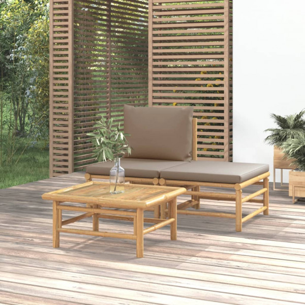 Conjunto de mobília de jardim 3 peças de bambu e almofadas cinza taupe D