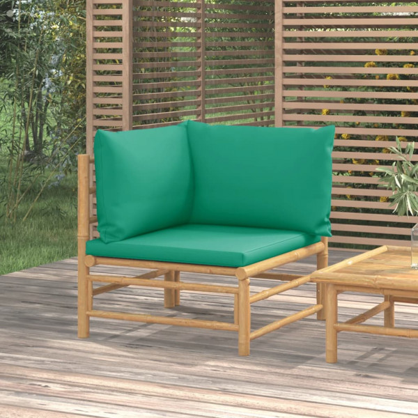 Sofá de canto para jardim de bambu com almofadas verdes D
