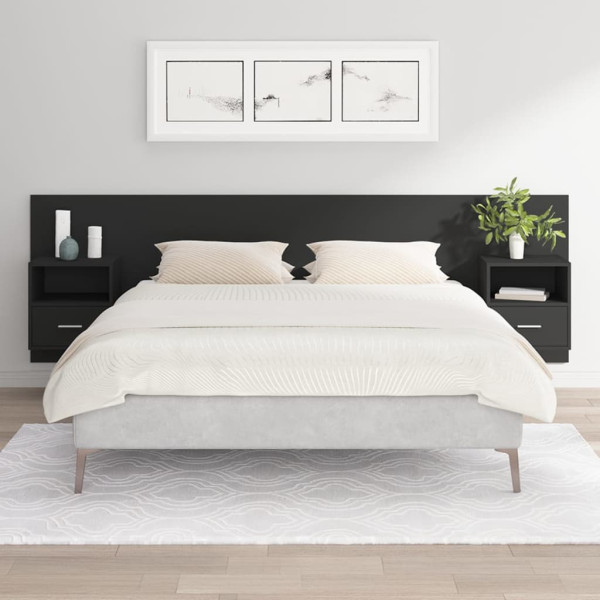 Cabecero de cama con mesitas madera contrachapada negro D