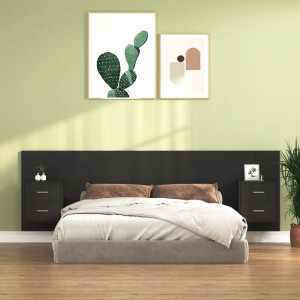 Cabecero de cama con mesitas madera contrachapada negro D