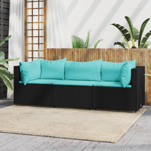 Set de muebles de jardín 3 pzas y cojines ratán sintético negro D