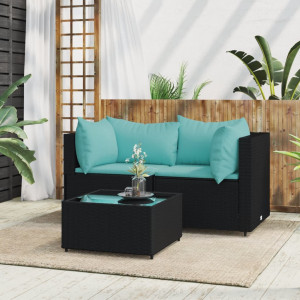 Set de muebles de jardín 3 pzas y cojines ratán sintético negro D