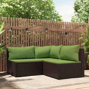 Set muebles de jardín 3 piezas y cojines ratán sintético marrón D