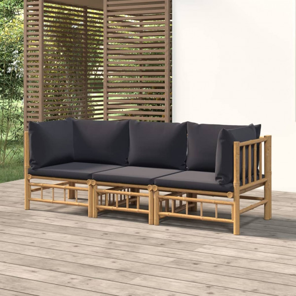 Set de mobiliário de jardim 3 peças de bambu com almofadas cinza escuro D