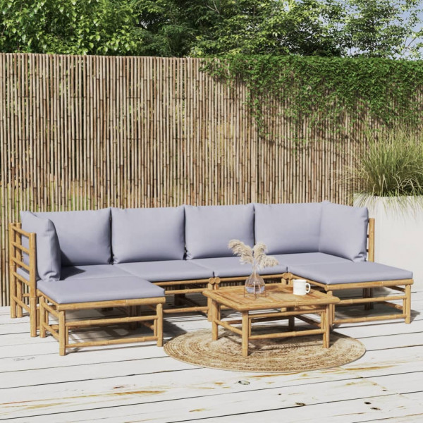 Conjunto de mobília de jardim 7 peças de bambu e almofadas cinza claro D
