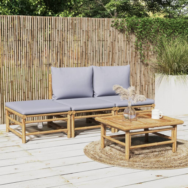 Set de mobiliário de jardim 4 peças de bambu e almofadas cinza claro D