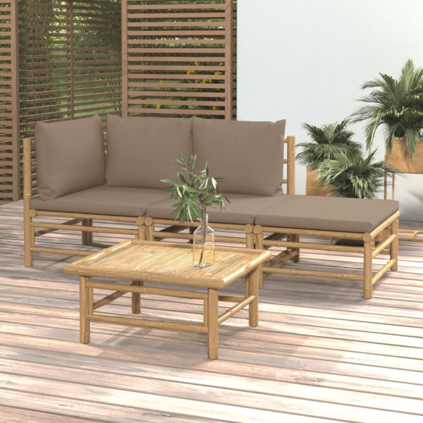 Conjunto de móveis de jardim 4 peças de bambu e almofadas cinza taupe D