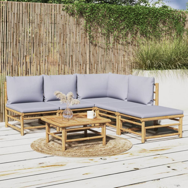 Set de muebles de jardín 6 piezas bambú con cojines gris claro D