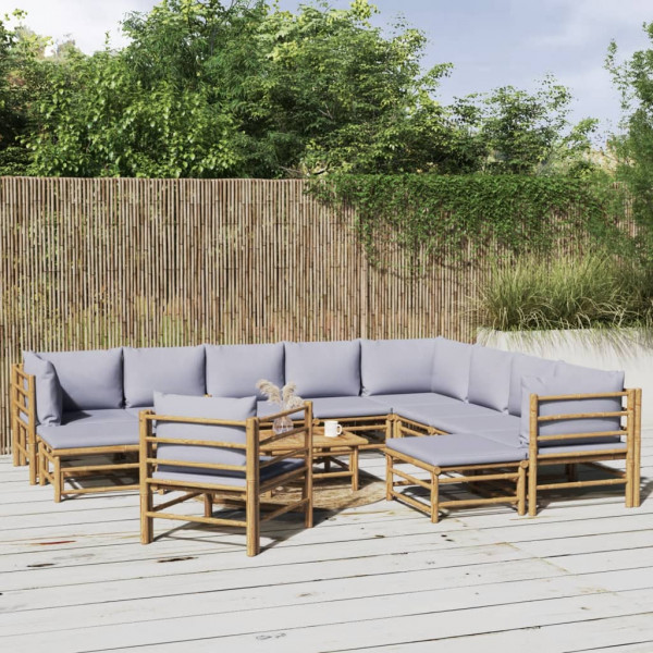 Conjunto de mobiliário de jardim 12 peças de bambu e almofadas cinza claro D