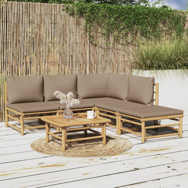 Conjunto de móveis de jardim 6 peças de bambu com almofadas cinza taupé D