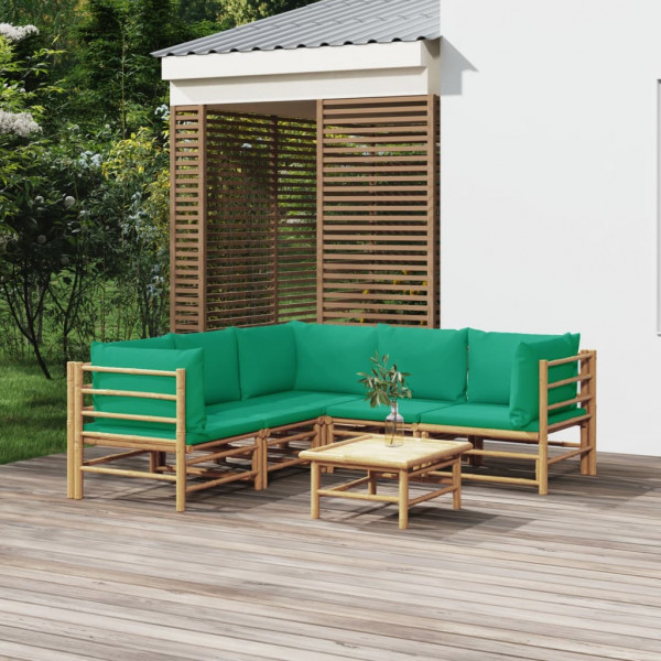 Conjunto de móveis de jardim de bambu de 6 peças com almofadas verdes D