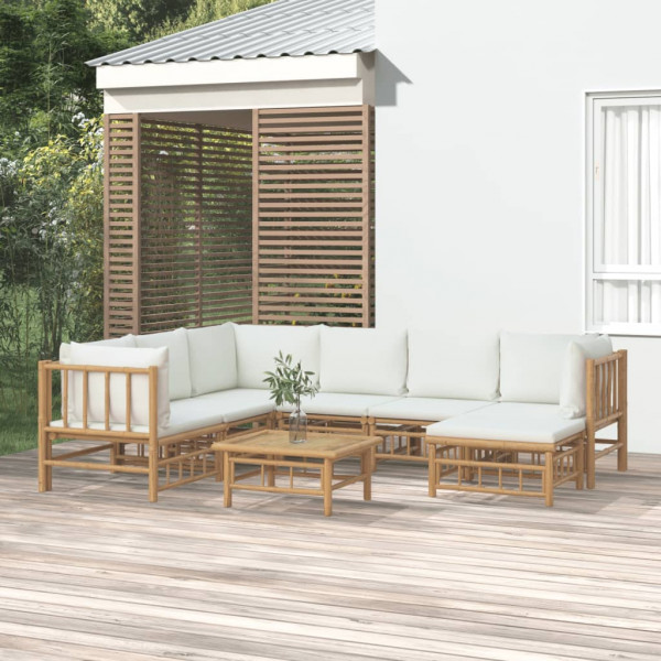 Conjunto de mobiliário de jardim 8 peças de bambu e almofadas branco creme D