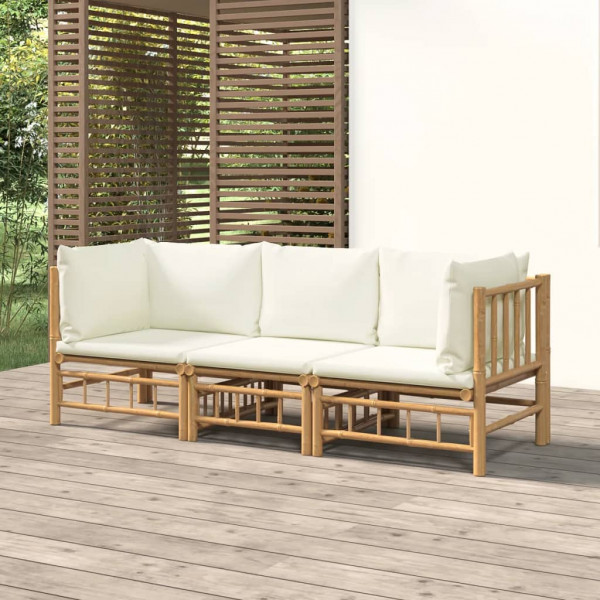 Set de mobiliário de jardim 3 peças de bambu e almofadas branco creme D