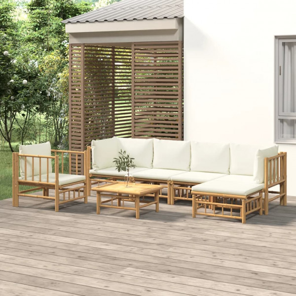 Conjunto de móveis de jardim com 7 peças de bambu e almofadas brancas creme D