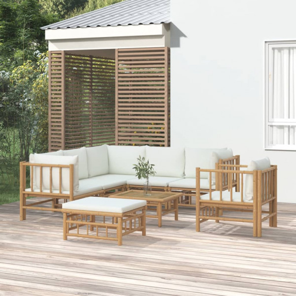 Conjunto de mobiliário de jardim 8 peças de bambu e almofadas branco creme D