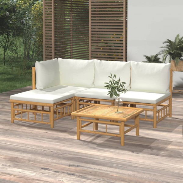 Conjunto de mobília de jardim 5 peças de bambu e almofadas branco creme D