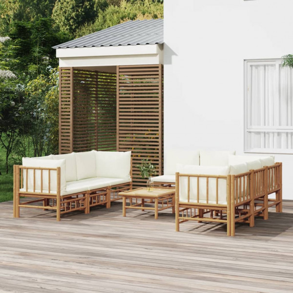 Conjunto de mobiliário de jardim 9 peças de bambu e almofadas branco creme D