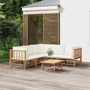 Set de muebles de jardín 6 piezas bambú y cojines blanco crema D