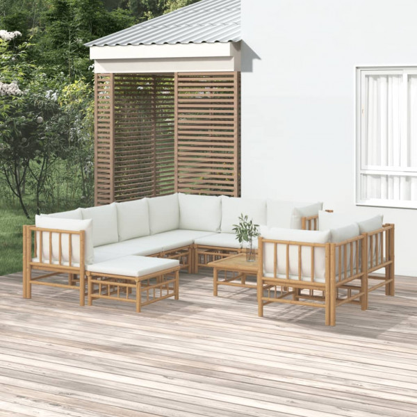 Set de muebles de jardín 10 piezas bambú y cojines blanco crema Set de muebles de jardín 10 piezas bambú y cojines blanco crema D