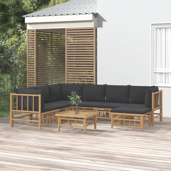 Conjunto de móveis de jardim de bambu de 8 peças com almofadas cinza escuro D
