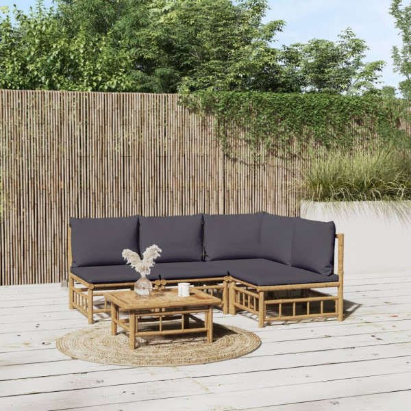 Conjunto de mobília de jardim 5 peças de bambu com almofadas cinza escuro D