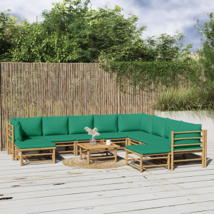 Set de muebles de jardín 11 piezas bambú con cojines verde D