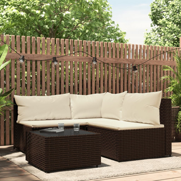 Set muebles de jardín 4 piezas y cojines ratán sintético marrón D