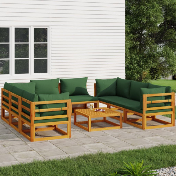 Jogo mobiliário de jardim 9 peças de madeira maciça e almofadas verdes D