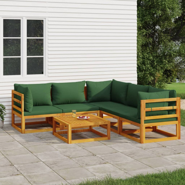 Conjunto de móveis de jardim 6 peças em madeira maciça e almofadas verdes D