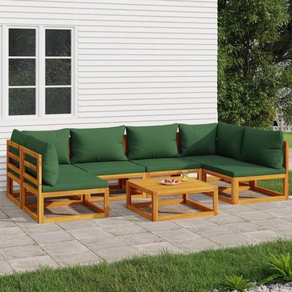Jogos de mobiliário de jardim 7 peças de madeira maciça e almofadas verdes D