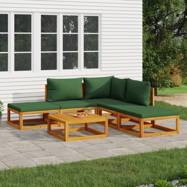Conjunto de móveis de jardim 6 peças em madeira maciça e almofadas verdes D