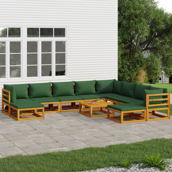 Conjunto de móveis de jardim com 11 peças em madeira maciça e almofadas verdes D