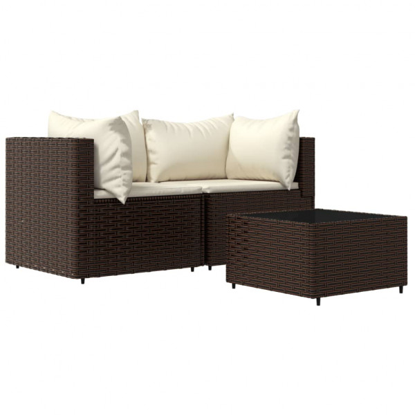 Set muebles de jardín 3 piezas y cojines ratán sintético marrón D