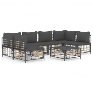 Set muebles de jardín 7 pzas y cojines ratán PE gris antracita D