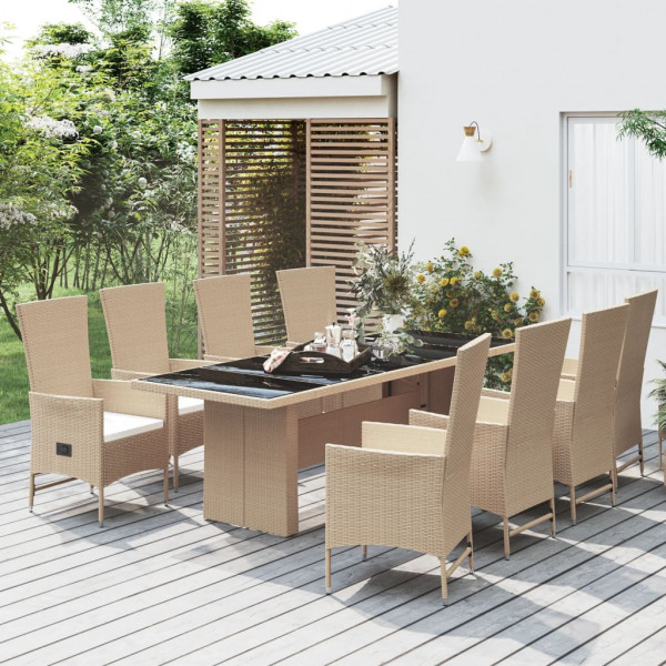 Set comedor de jardín 9 pzas con cojines ratán sintético beige D