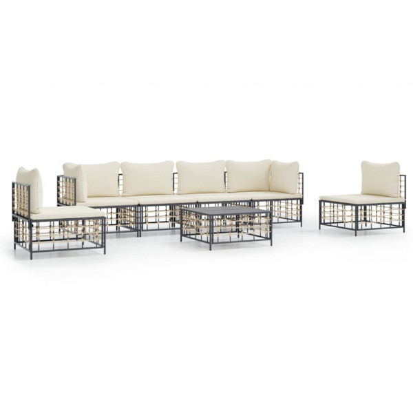 Set muebles de jardín 7 pzas y cojines ratán PE gris antracita D