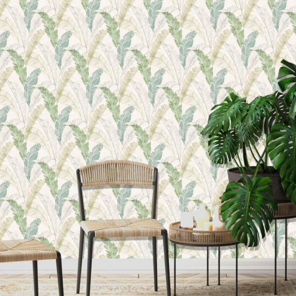 DUTCH WALLCOVERINGS Papel pintado hojas tropicales gris y verde D