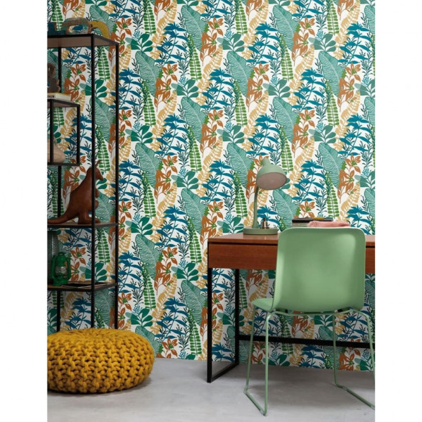 Good Vibes Papel de pared Big Leaves azul y verde D