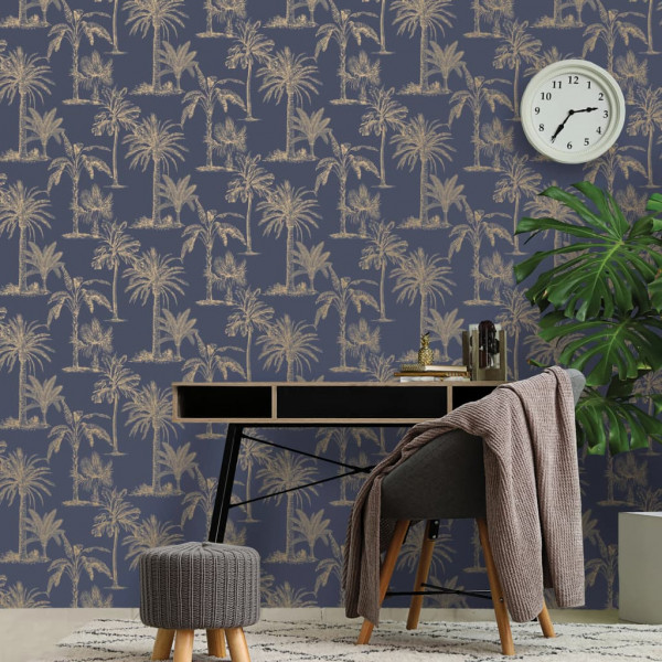 DUTCH WALLCOVERINGS Papel de parede de árvore tropical azul marinho e prateado D