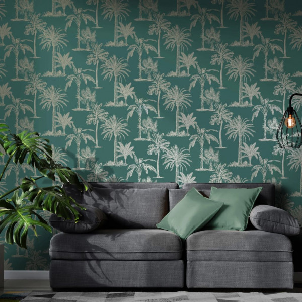 DUTCH WALLCOVERINGS Papel pintado árvore tropical verde-azul e prata D