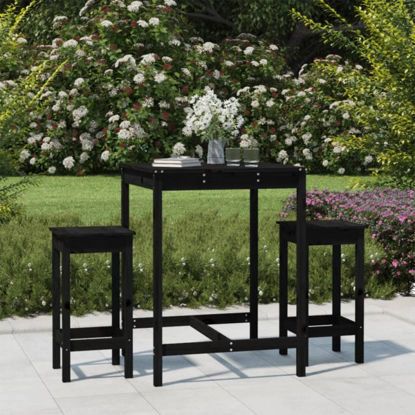 Set de mesa y taburetes altos jardín 3 pzas madera pino negro D