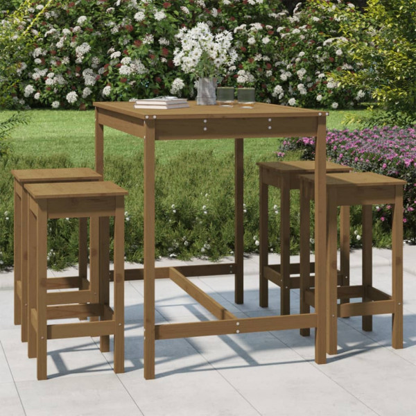 Mesa y taburetes altos de jardín 5 pzas madera pino marrón miel D
