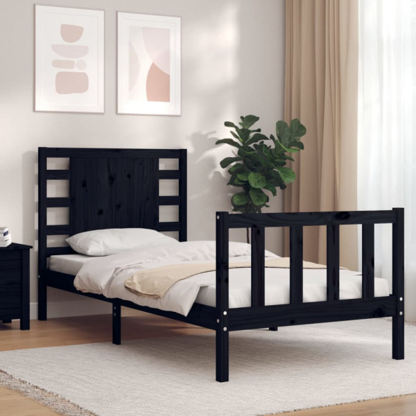 Estructura de cama individual con cabecero madera maciza negro D