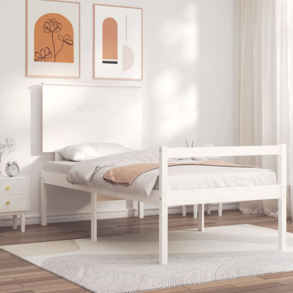 Estrutura de cama de solteiro com cabeceira de madeira maciça branca D