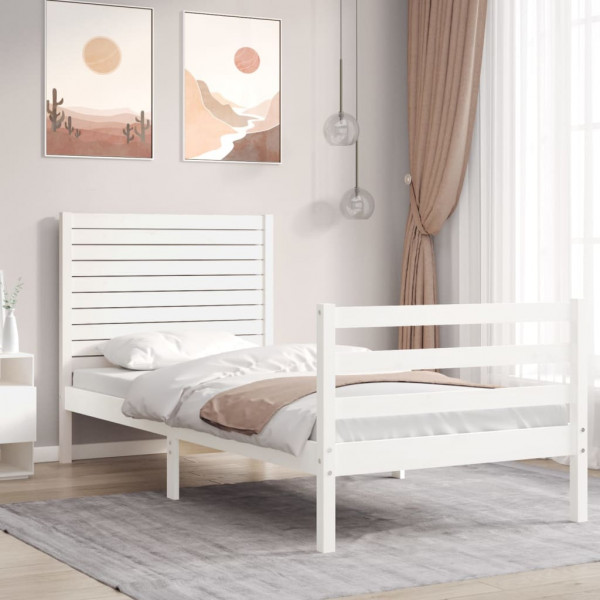 Estrutura de cama com cabeceira de madeira maciça branca 90x200 cm D